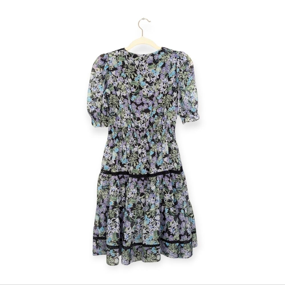Taylor Mini Dress 2 Blue Purple Floral Chiffon Puff Sleeve Feminine - Picture 2 of 9